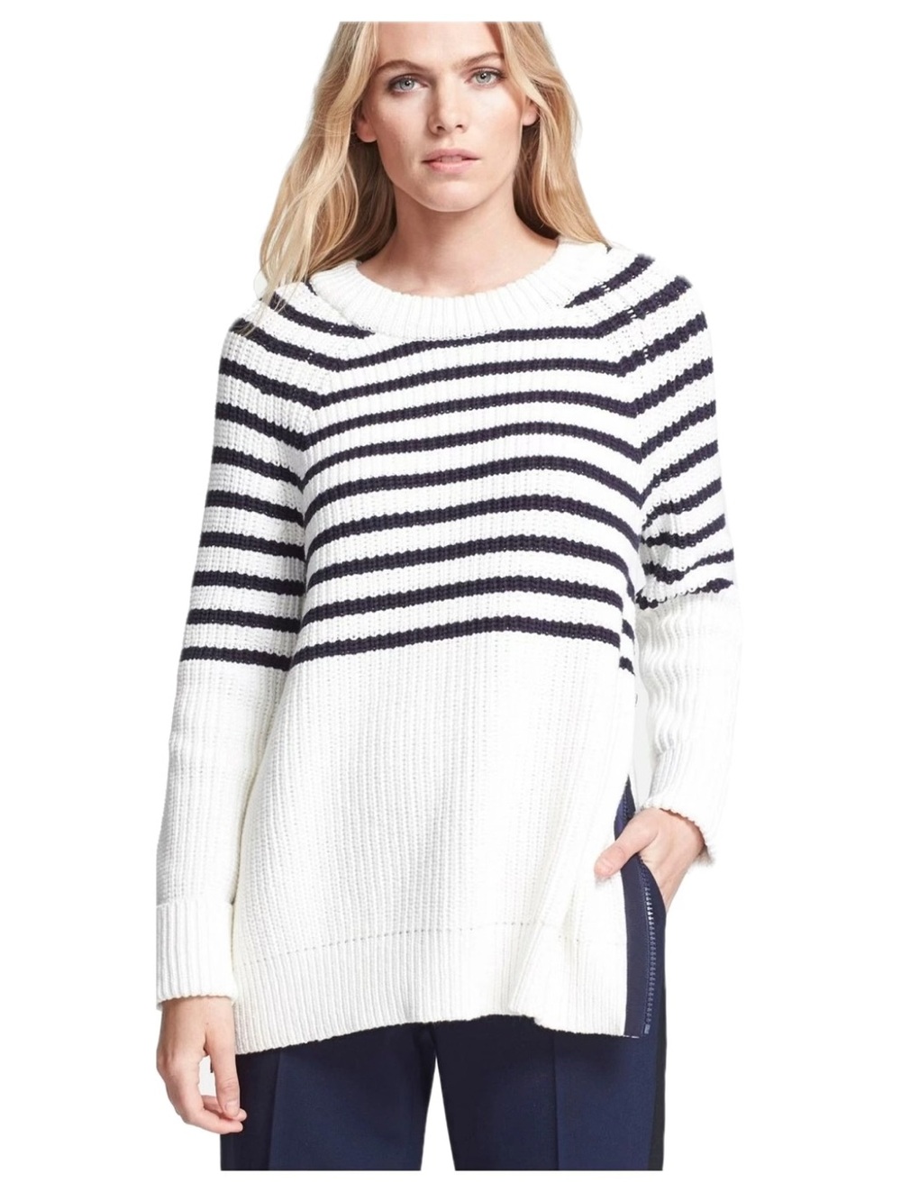 kate spade Aura Chunky Ribbed Knit White and Black Striped Crewneck Sweater